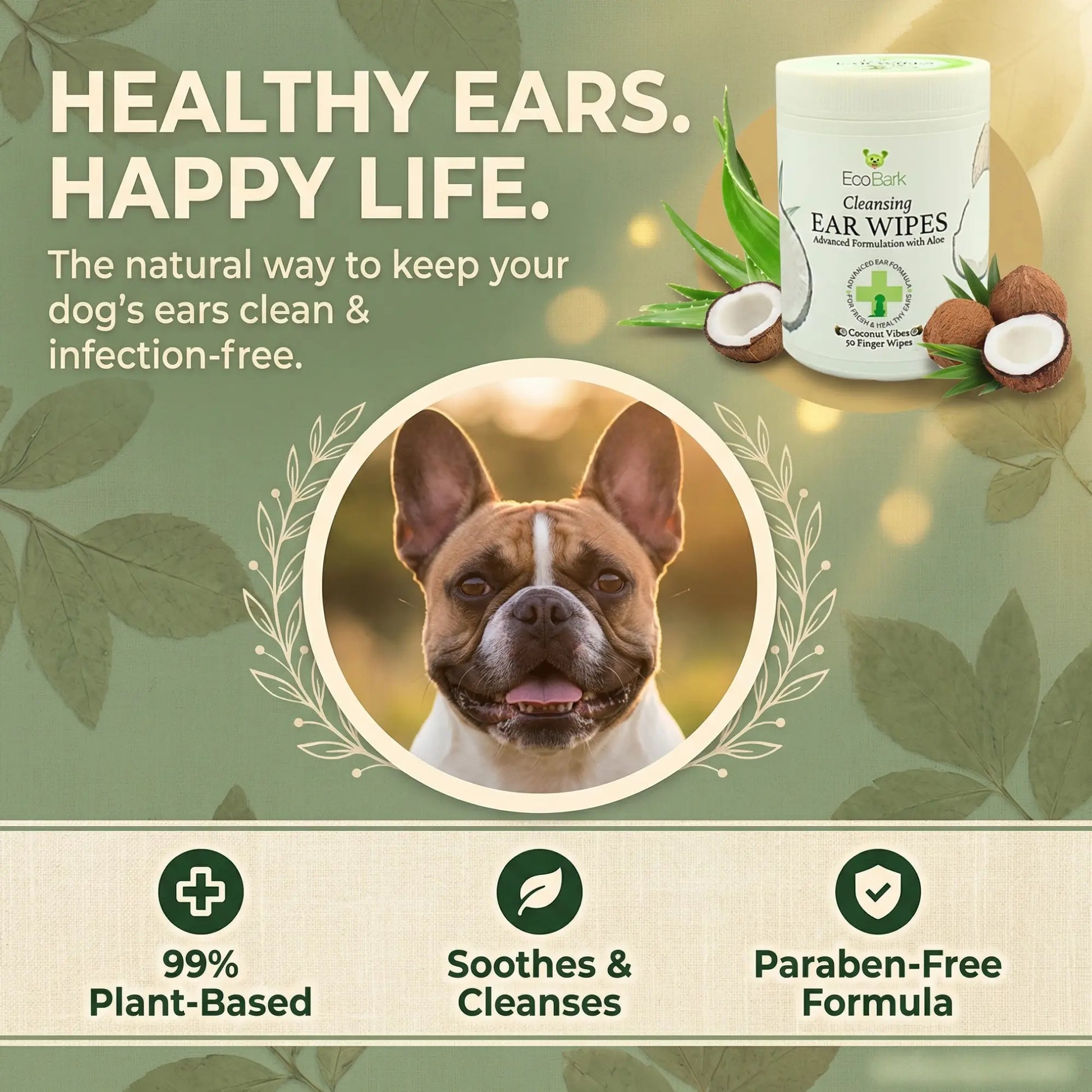 EcoBark Natural Dog Ear Wipes - Gentle Coconut Cleansing for Healthy Ears (50 Count)