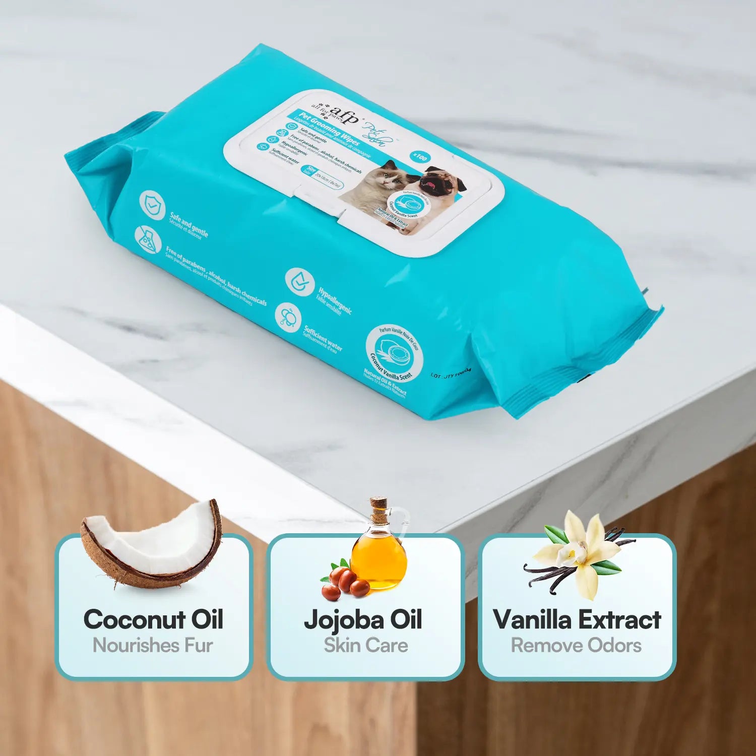 Allforpaws Coconut Vanilla Pet Glove Wipes - 100 Alcohol-Free Grooming Wipes for Dogs & Cats with Jojoba and Coconut Oils for Hydration and Odor Control