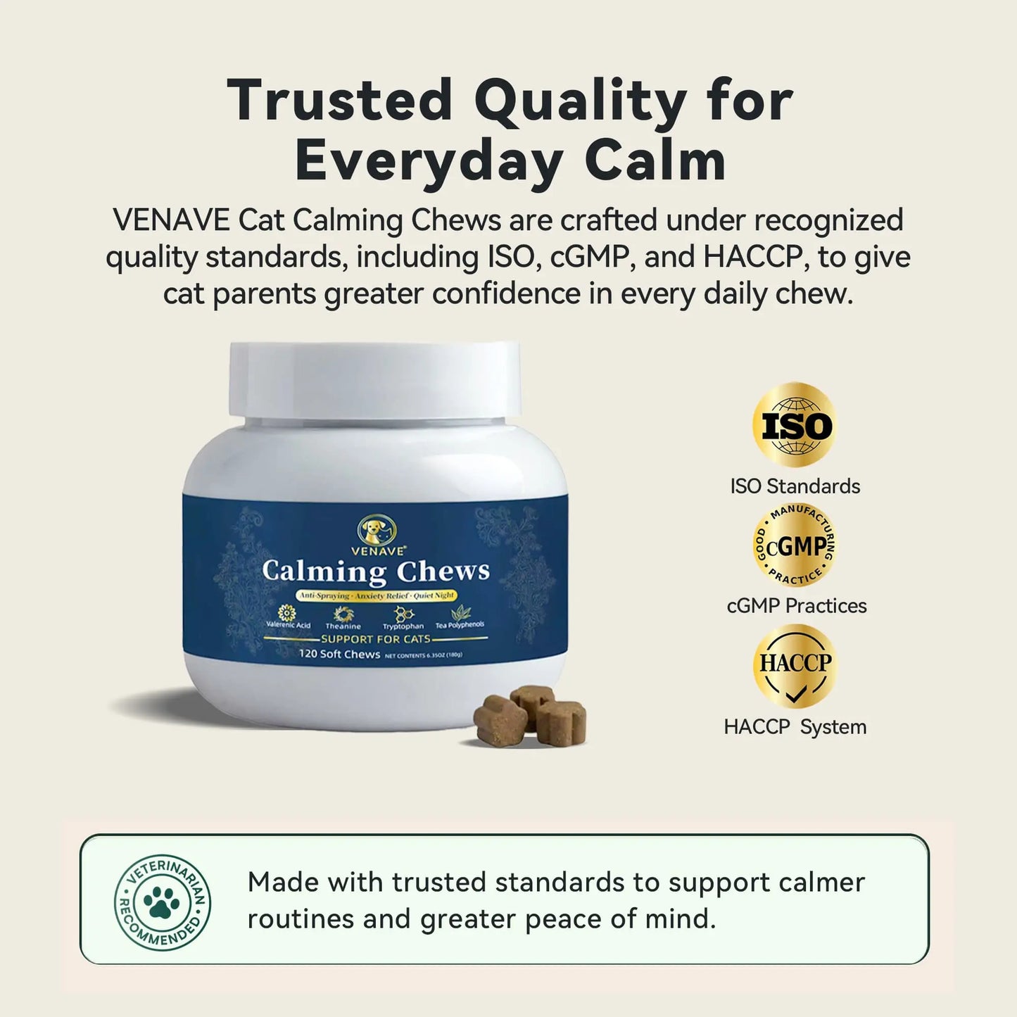 VENAVE Calming Chews for Cats - Helps Support Calm Behavior for Stress, Urine Marking, Excessive Meowing & Restless Behavior, 120 Soft Chews