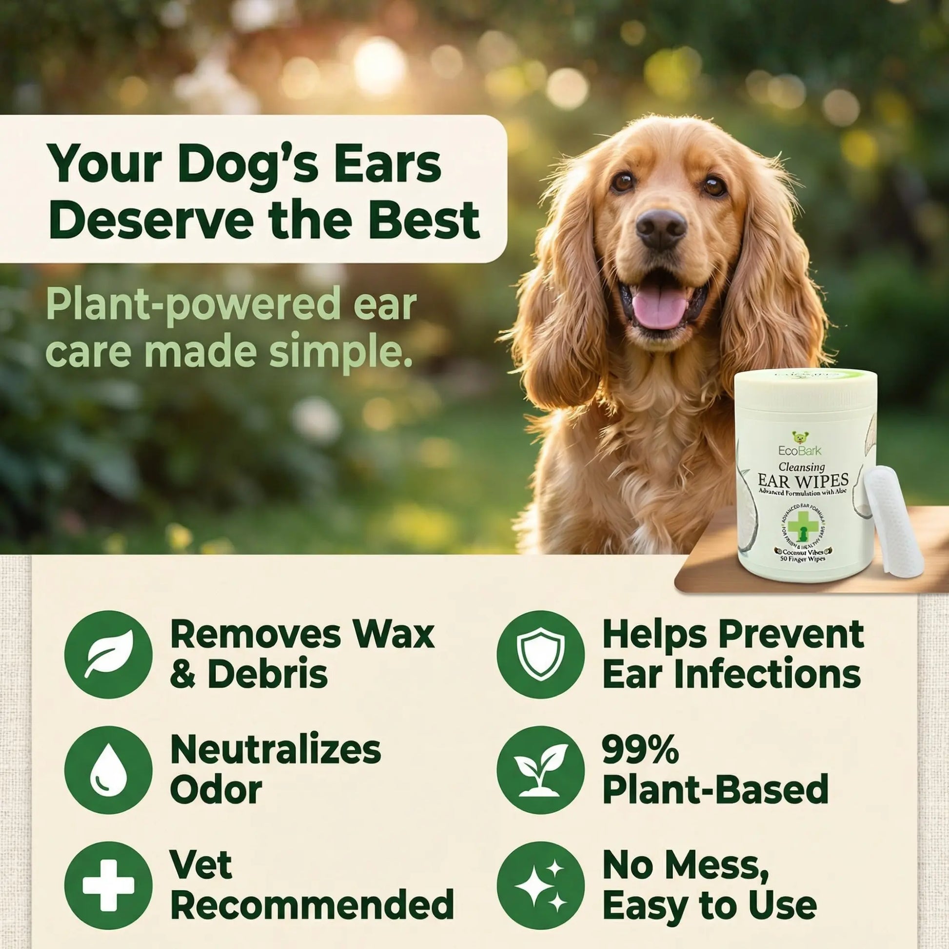EcoBark Natural Dog Ear Wipes - Gentle Coconut Cleansing for Healthy Ears (50 Count)