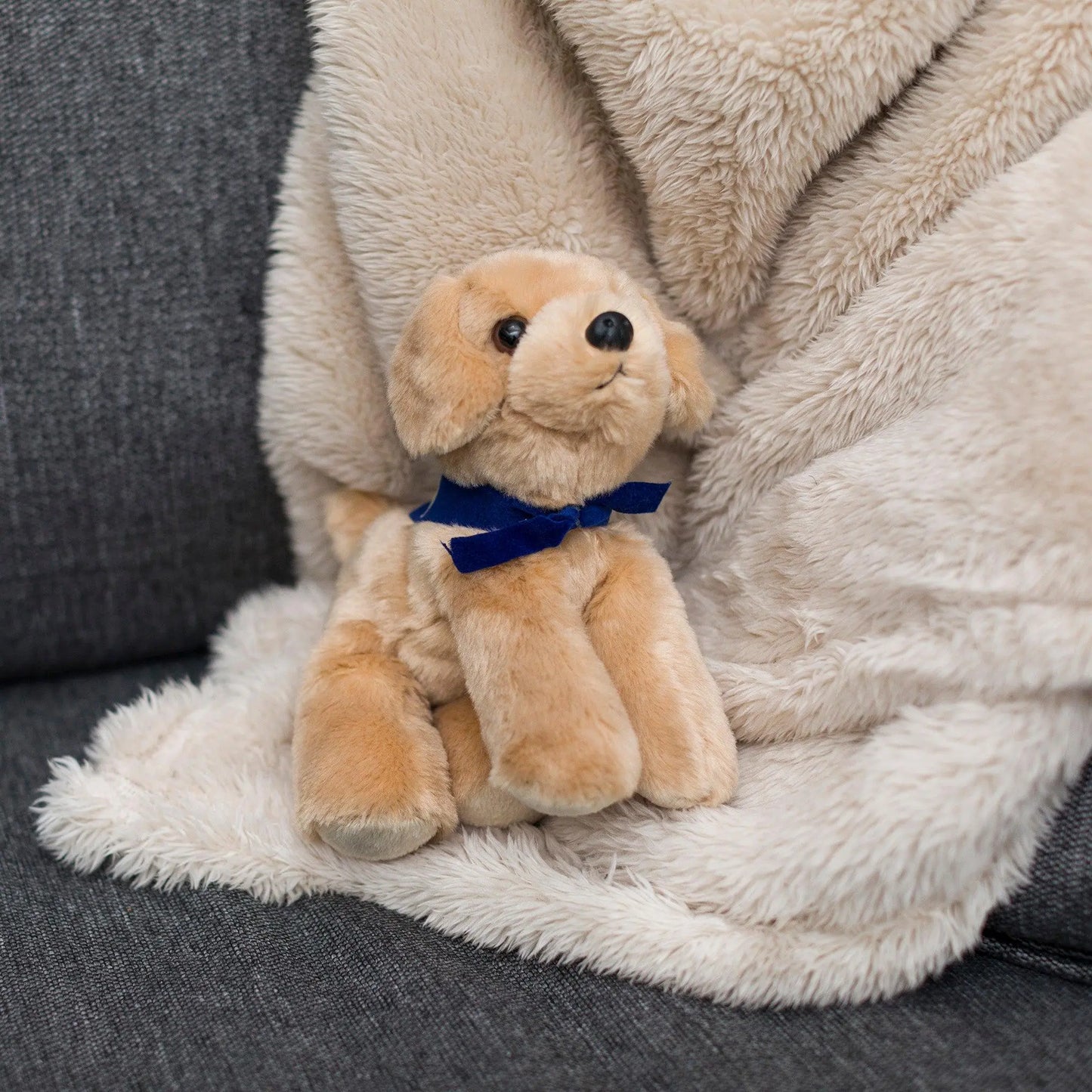 Meet Your New Best Friend: Adorable Golden Lab Plush with Stylish Blue Bandana