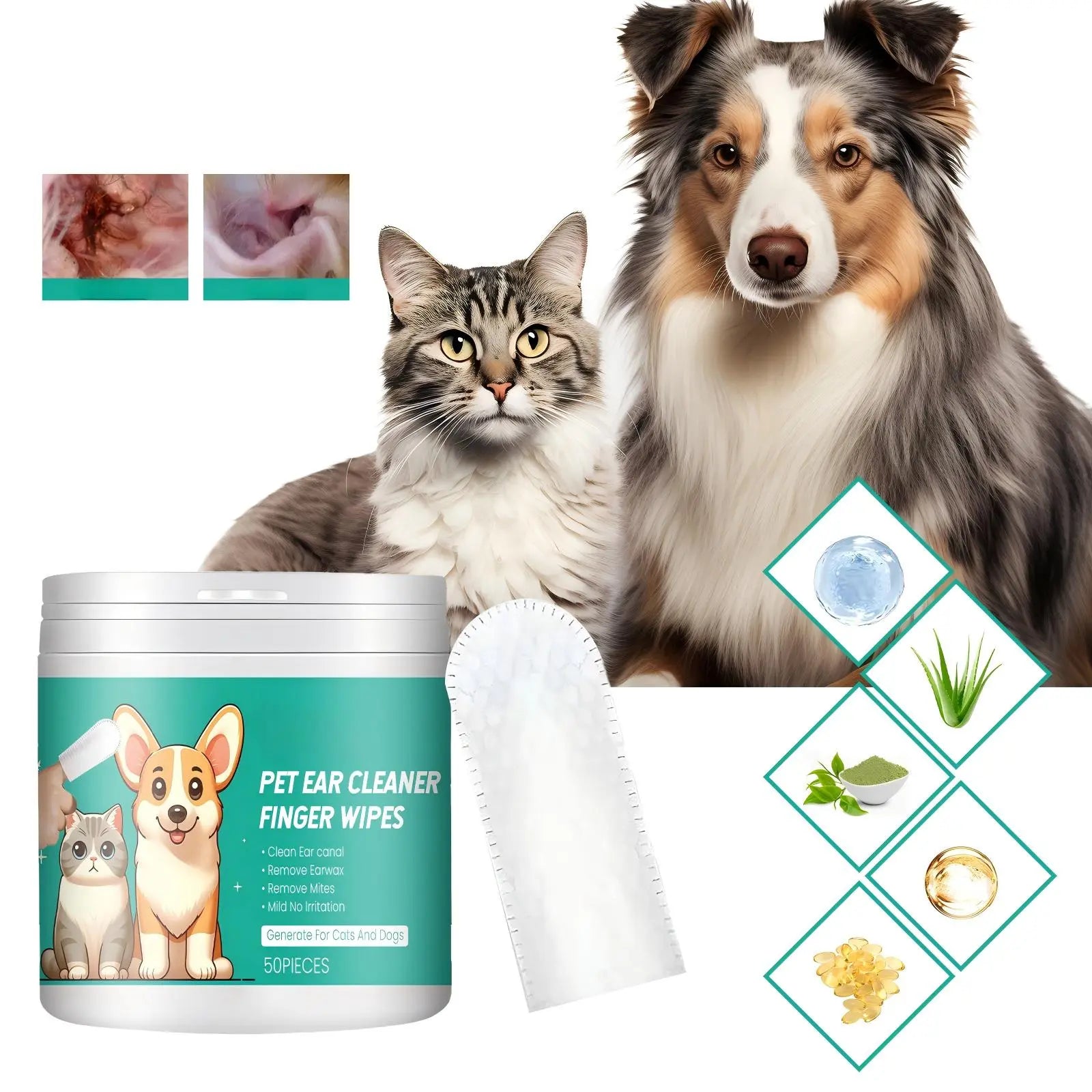 Pet Ear Cleaner Finger Wipes, Gently Clean Pet Ear Mites Ear Dirt Eye Dirt Feet Deodorize to Remove Odor