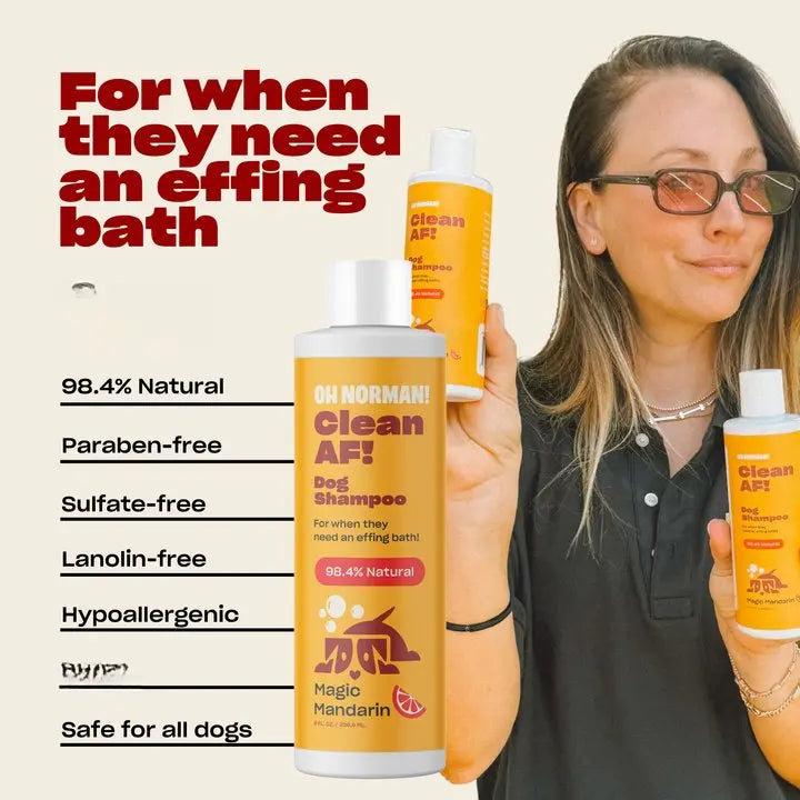 Transform Bath Time with Oh Norman Clean AF Dog Shampoo - Magic Mandarin Scent, 98.4% Natural Formula for a Refreshingly Clean Pup!