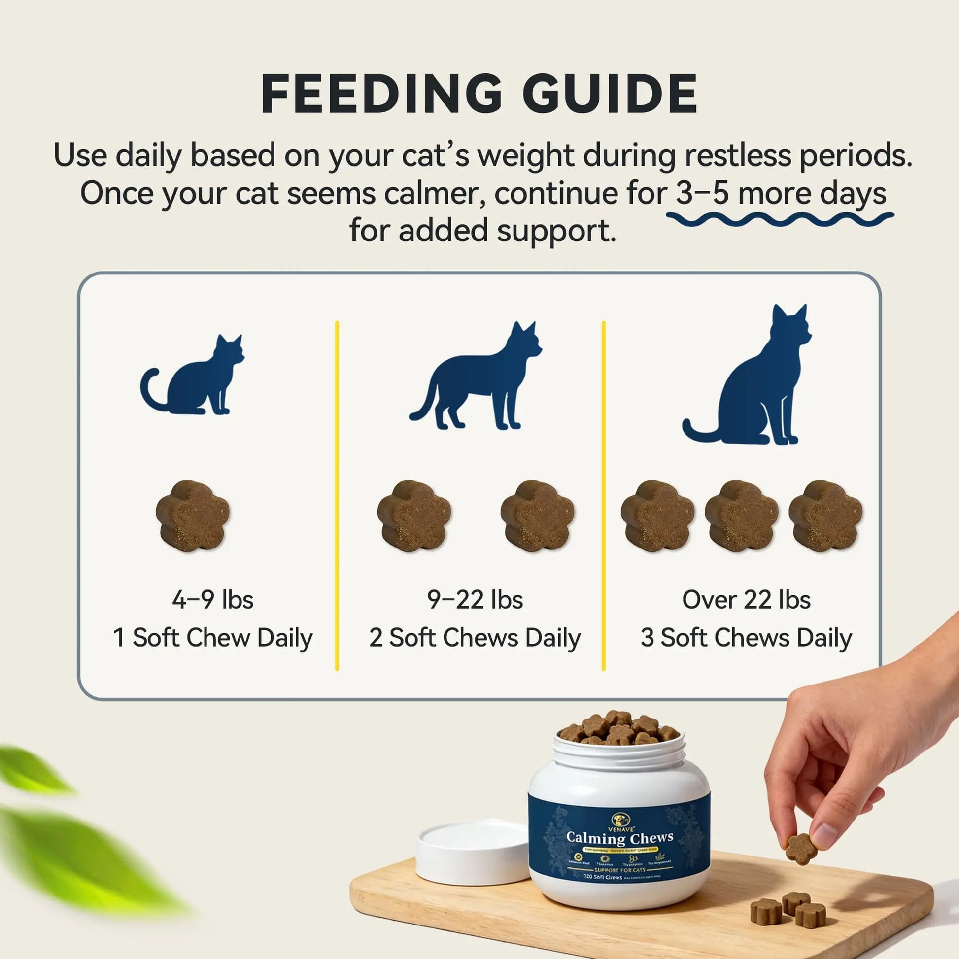 VENAVE Calming Chews for Cats - Helps Support Calm Behavior for Stress, Urine Marking, Excessive Meowing & Restless Behavior, 120 Soft Chews