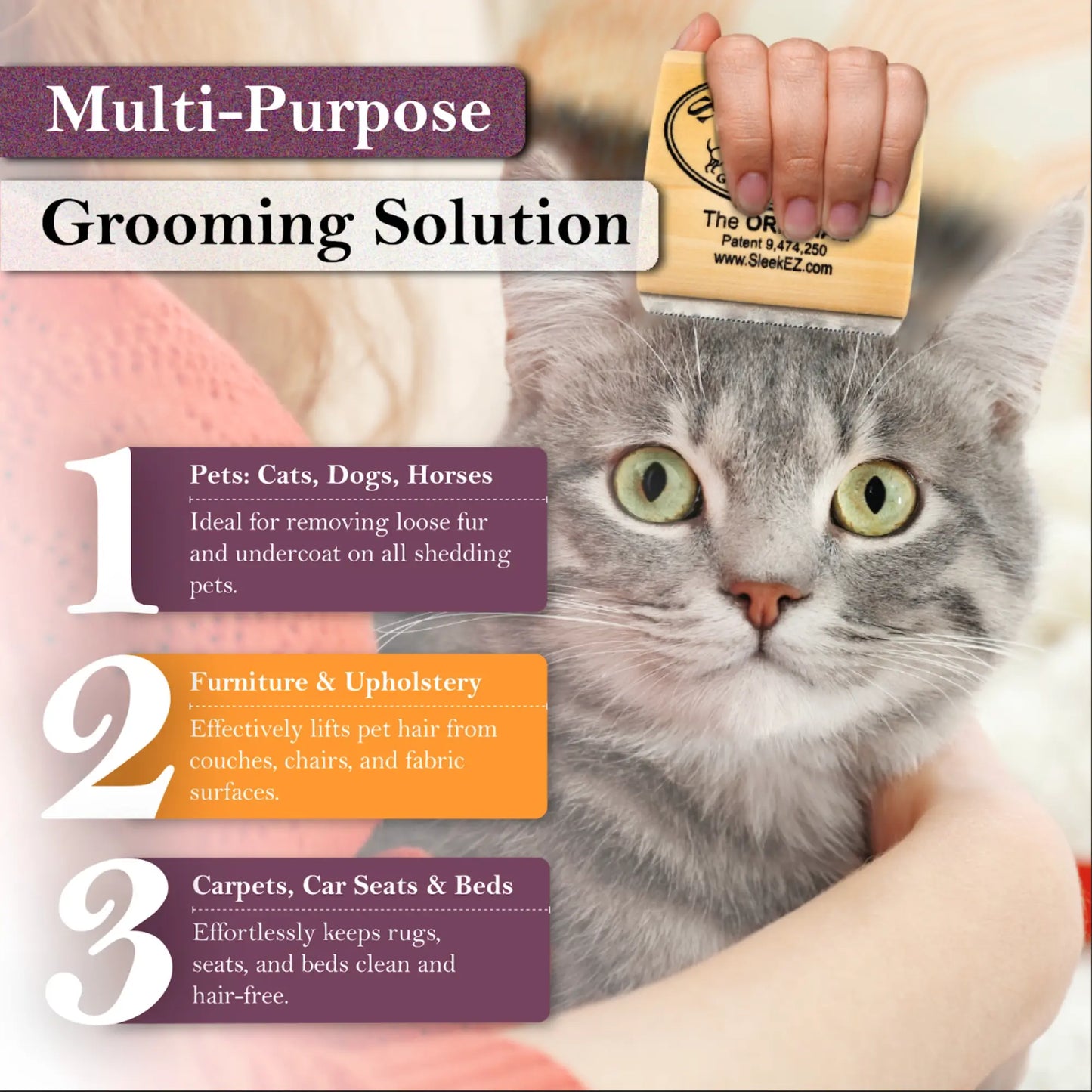 SleekEZ Cat Grooming Brush - Effortless Shedding & Fur Removal with Wooden Handle and Stainless Steel Blade for Indoor Cats and Small Pets
