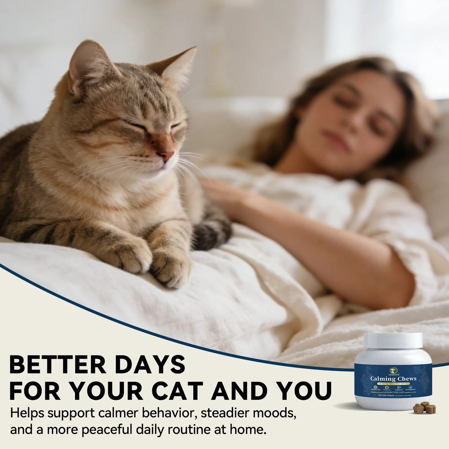 VENAVE Calming Chews for Cats - Helps Support Calm Behavior for Stress, Urine Marking, Excessive Meowing & Restless Behavior, 120 Soft Chews