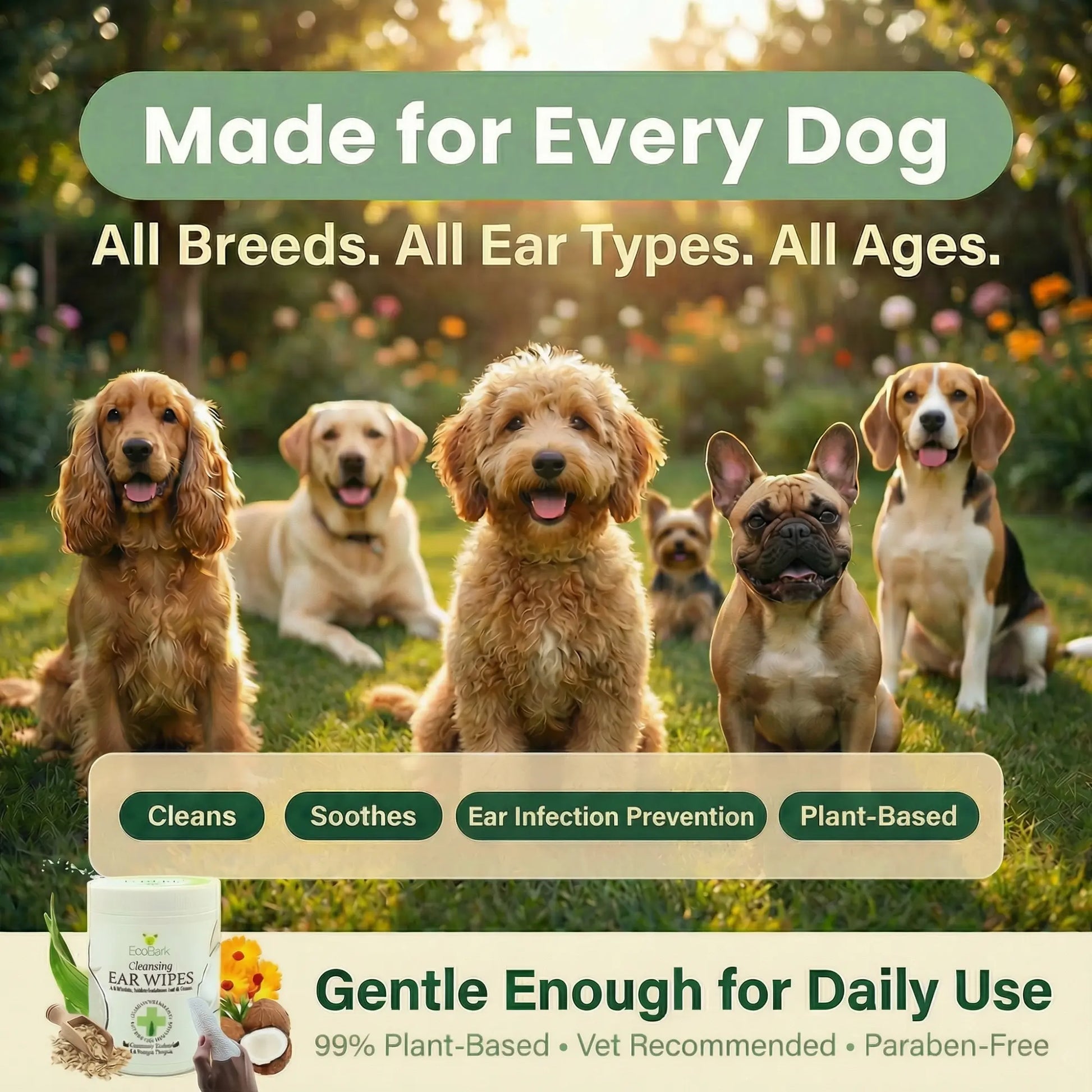 EcoBark Natural Dog Ear Wipes - Gentle Coconut Cleansing for Healthy Ears (50 Count)