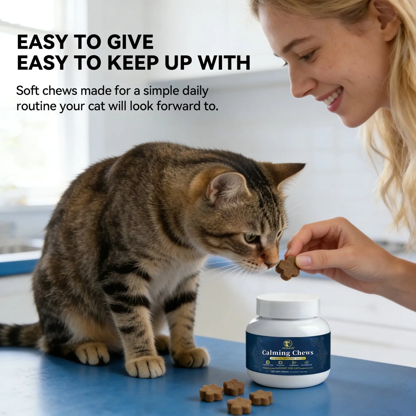 VENAVE Calming Chews for Cats - Helps Support Calm Behavior for Stress, Urine Marking, Excessive Meowing & Restless Behavior, 120 Soft Chews