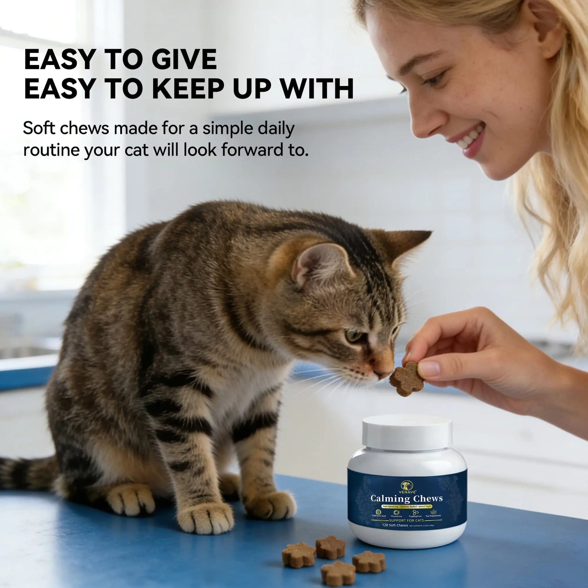 VENAVE Calming Chews for Cats - Helps Support Calm Behavior for Stress, Urine Marking, Excessive Meowing & Restless Behavior, 120 Soft Chews
