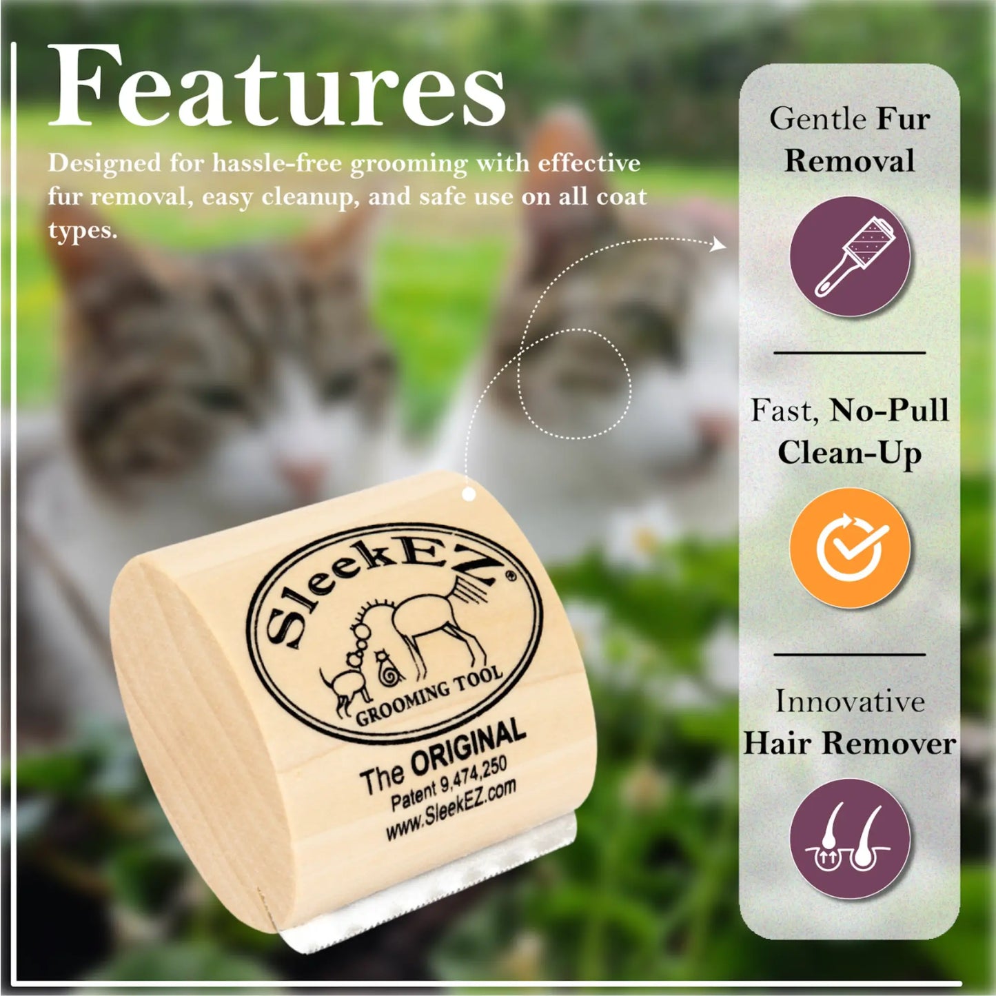 SleekEZ Cat Grooming Brush - Effortless Shedding & Fur Removal with Wooden Handle and Stainless Steel Blade for Indoor Cats and Small Pets