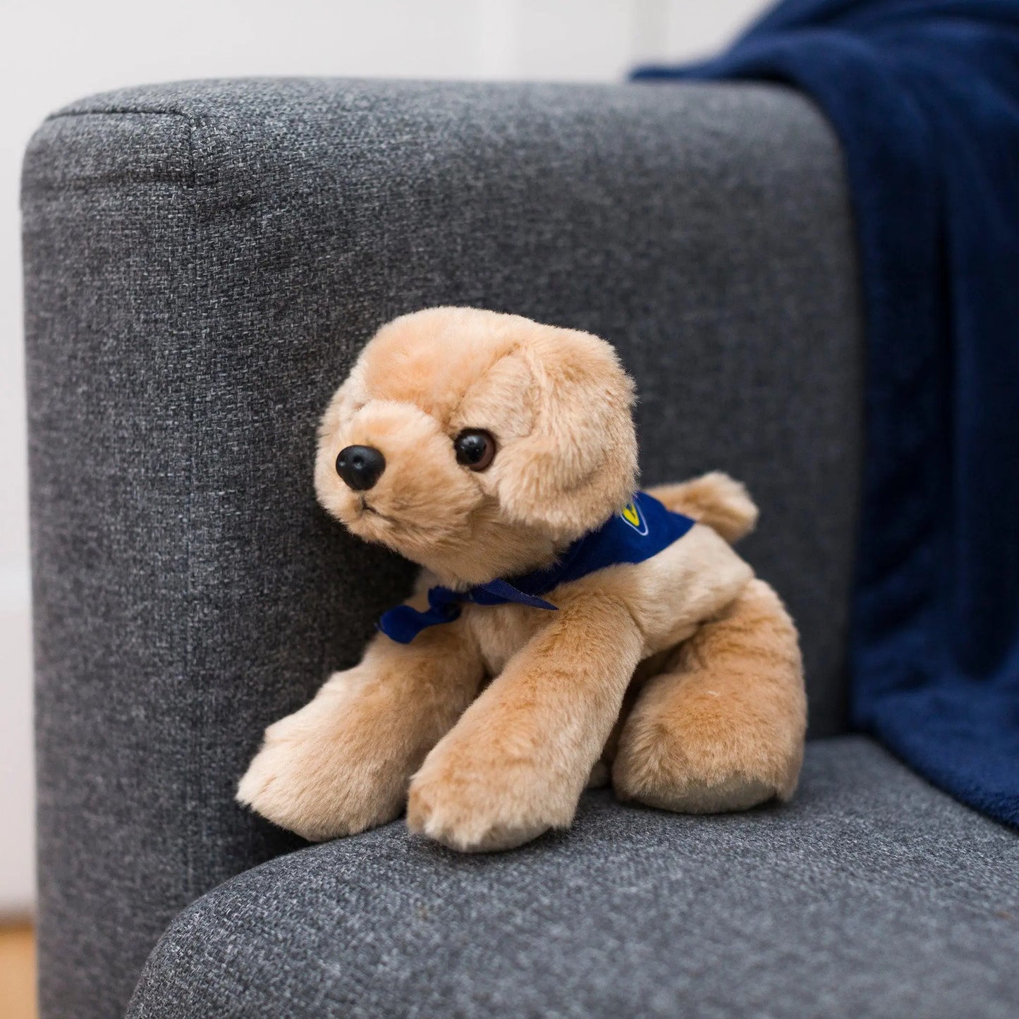 Meet Your New Best Friend: Adorable Golden Lab Plush with Stylish Blue Bandana